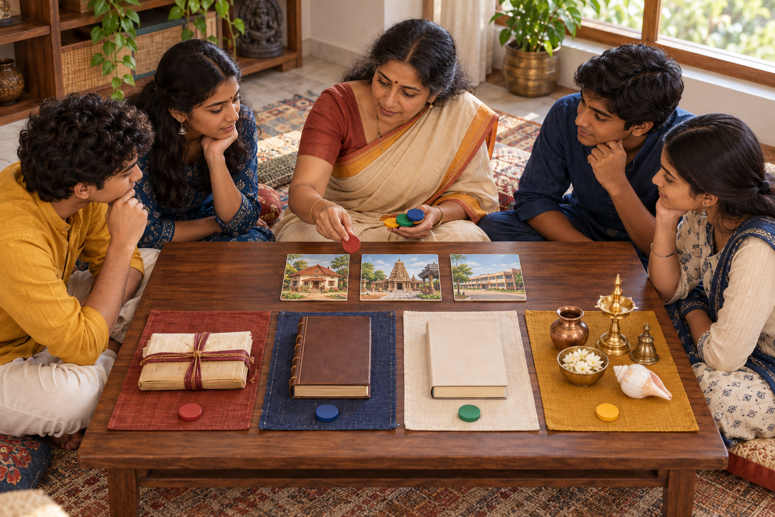 A teacher and four teenagers compare a wrapped manuscript bundle, closed books, ritual objects, and wordless setting tiles around a study table.