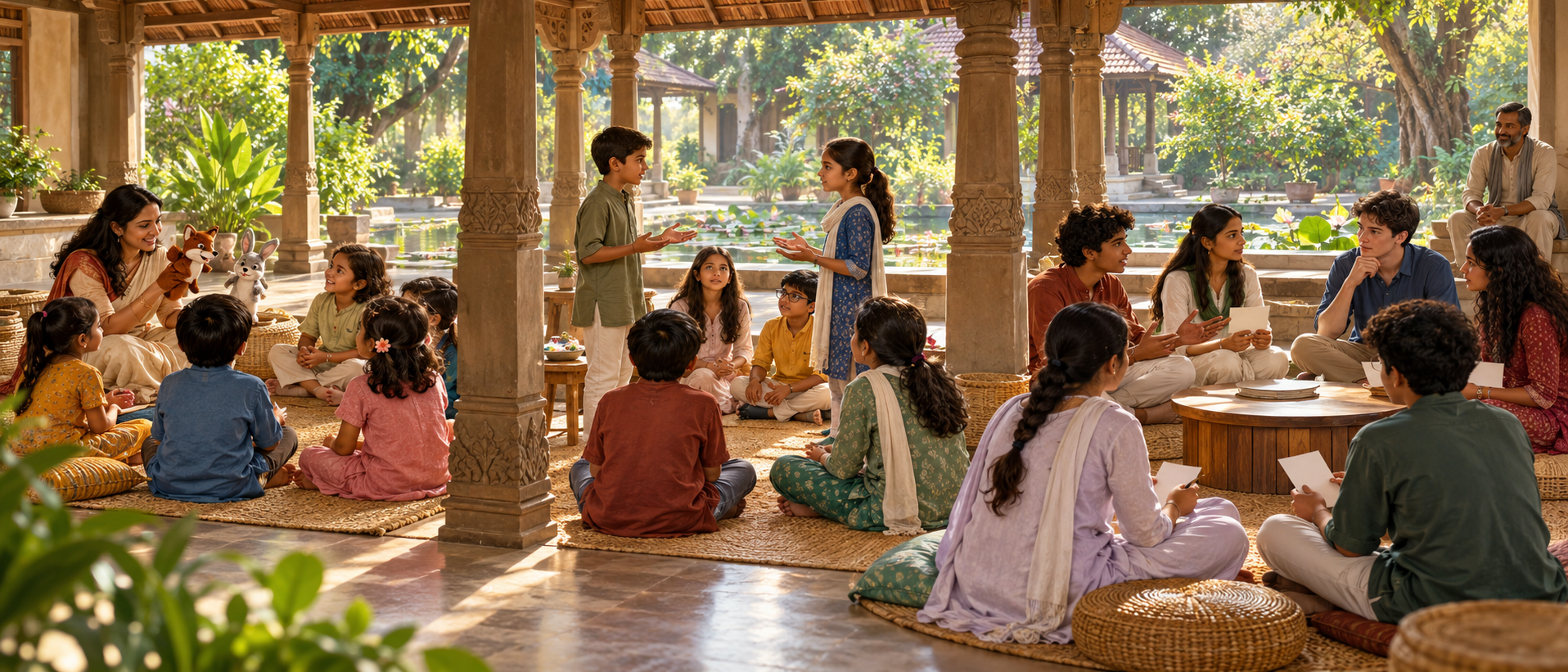 Children use puppets, preteens role-play a conflict, and teenagers hold a roundtable discussion in three areas of the same learning pavilion.