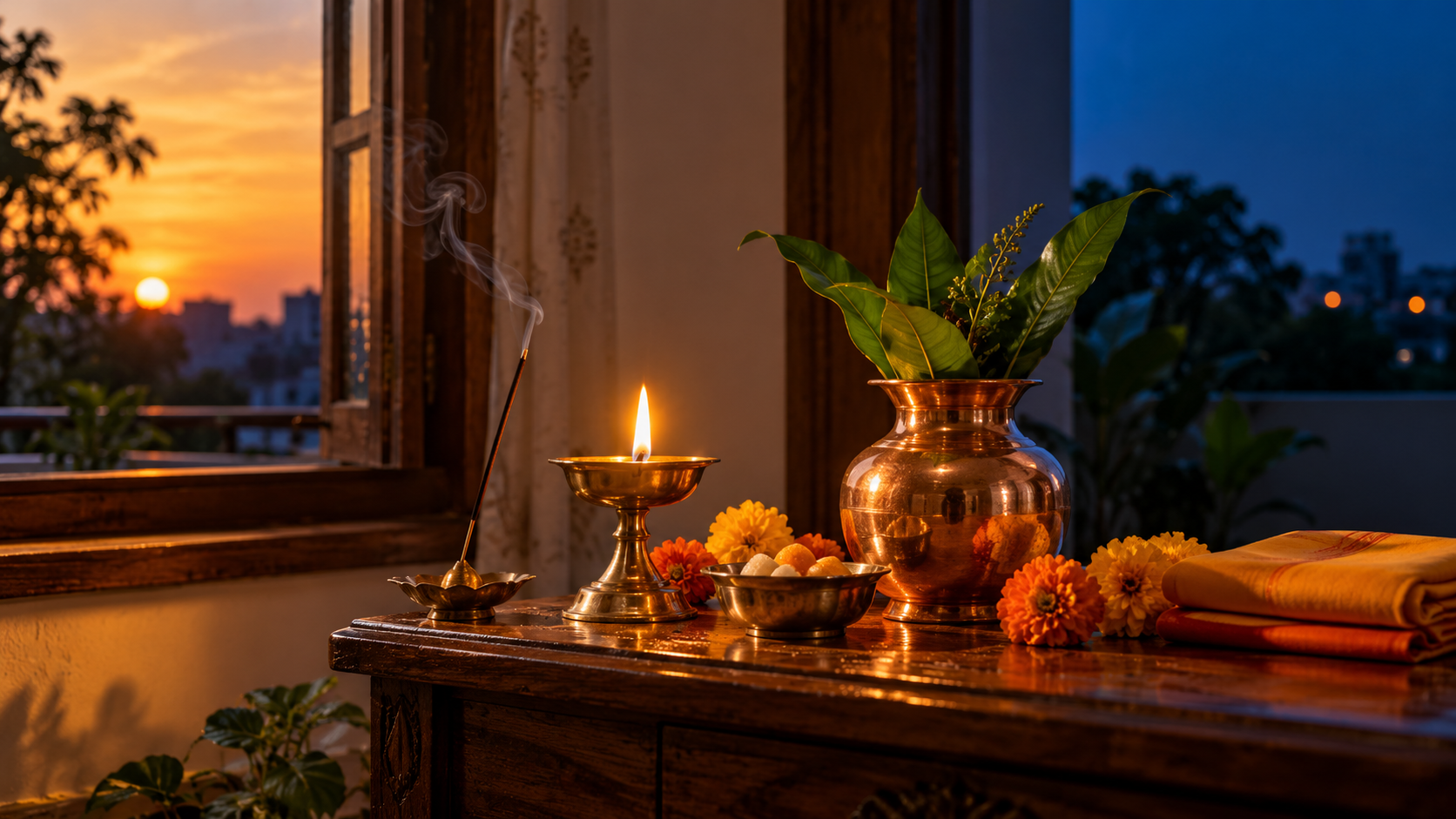 A brass oil lamp, copper kalash, incense, marigold flowers, and offerings arranged beside a window as sunset fades into blue twilight.