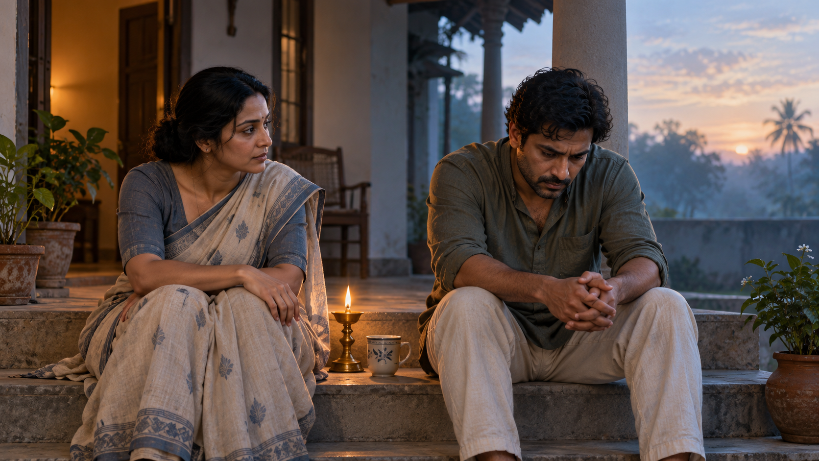 Two South Asian adults sit quietly together on a veranda at dawn, with a cup of tea and a small glowing oil lamp between them.