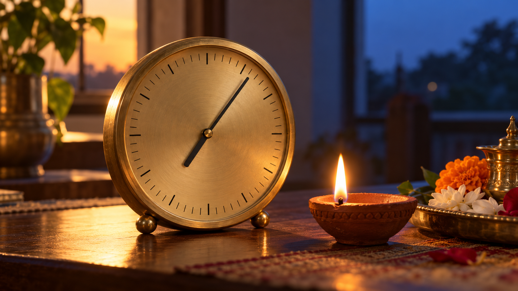 A numeral-free brass analog clock set to 7:06 sits beside a lit clay lamp and a small flower offering at twilight.