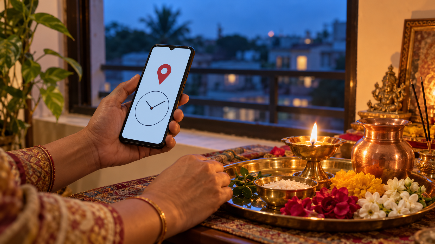 A worshipper checks a location and clock display on a phone beside a prepared puja tray and copper water vessel at dusk.