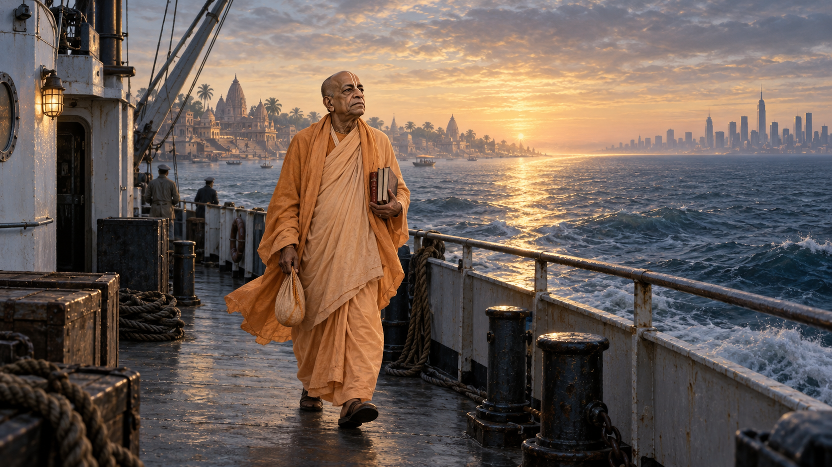 Srila Prabhupada in saffron robes walks on a cargo ship deck carrying prayer beads and books, with Bengal temples and a distant city suggested across the ocean.