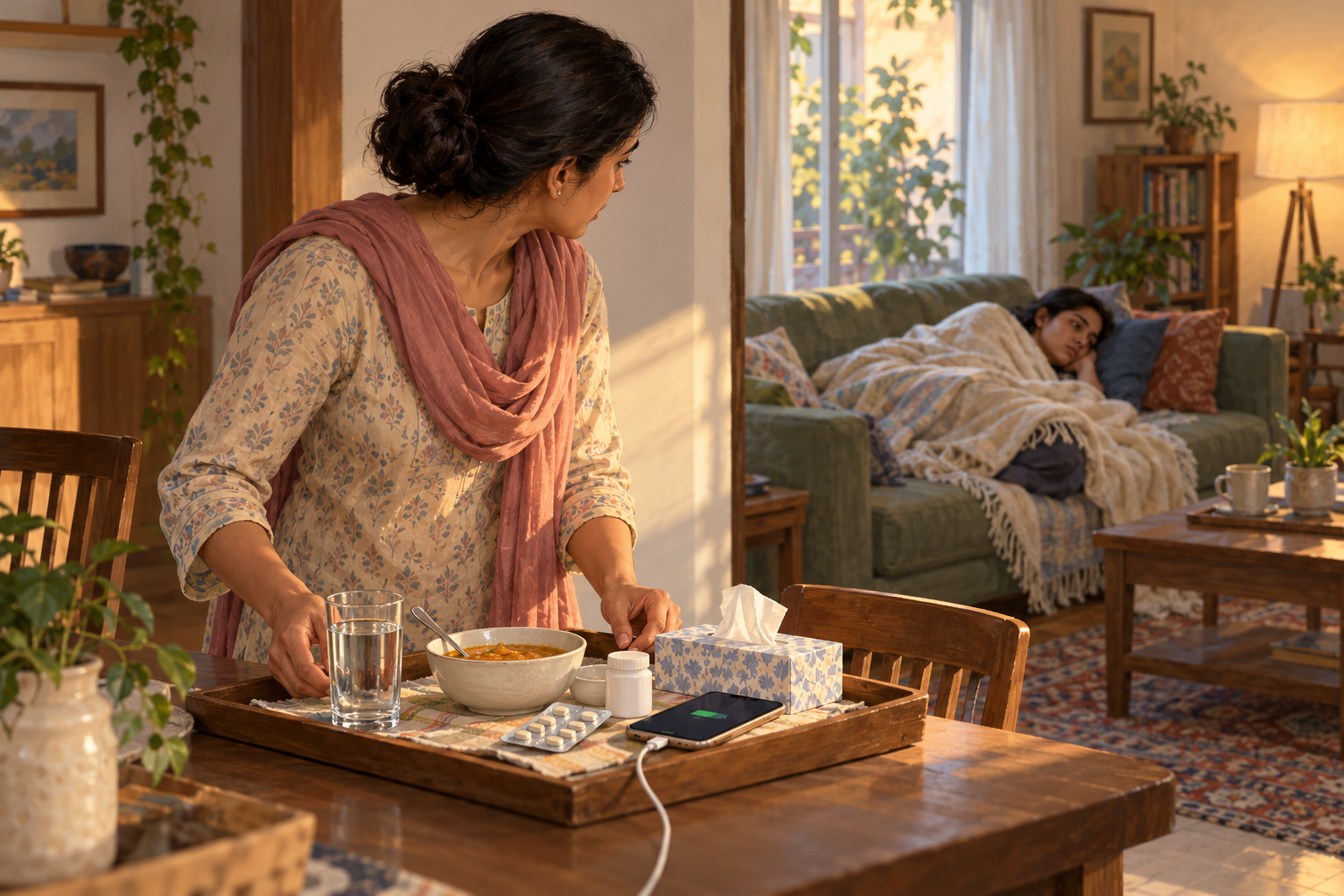 A companion prepares water, food, tissues, and a phone while keeping watch over a person resting on a sofa.