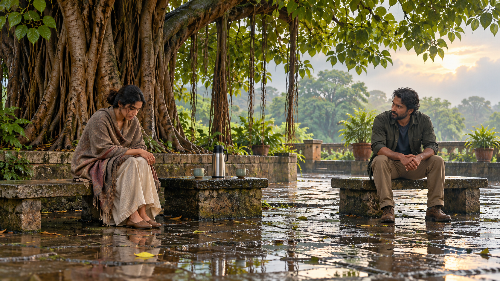 Two adults sit quietly near each other beneath a banyan tree, with a thermos and two cups within reach.