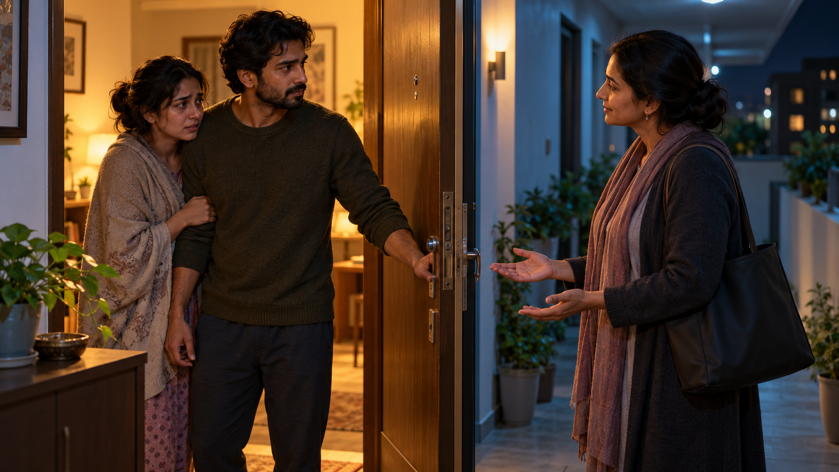 A companion stays beside a distressed adult while welcoming a community care professional at an apartment doorway.