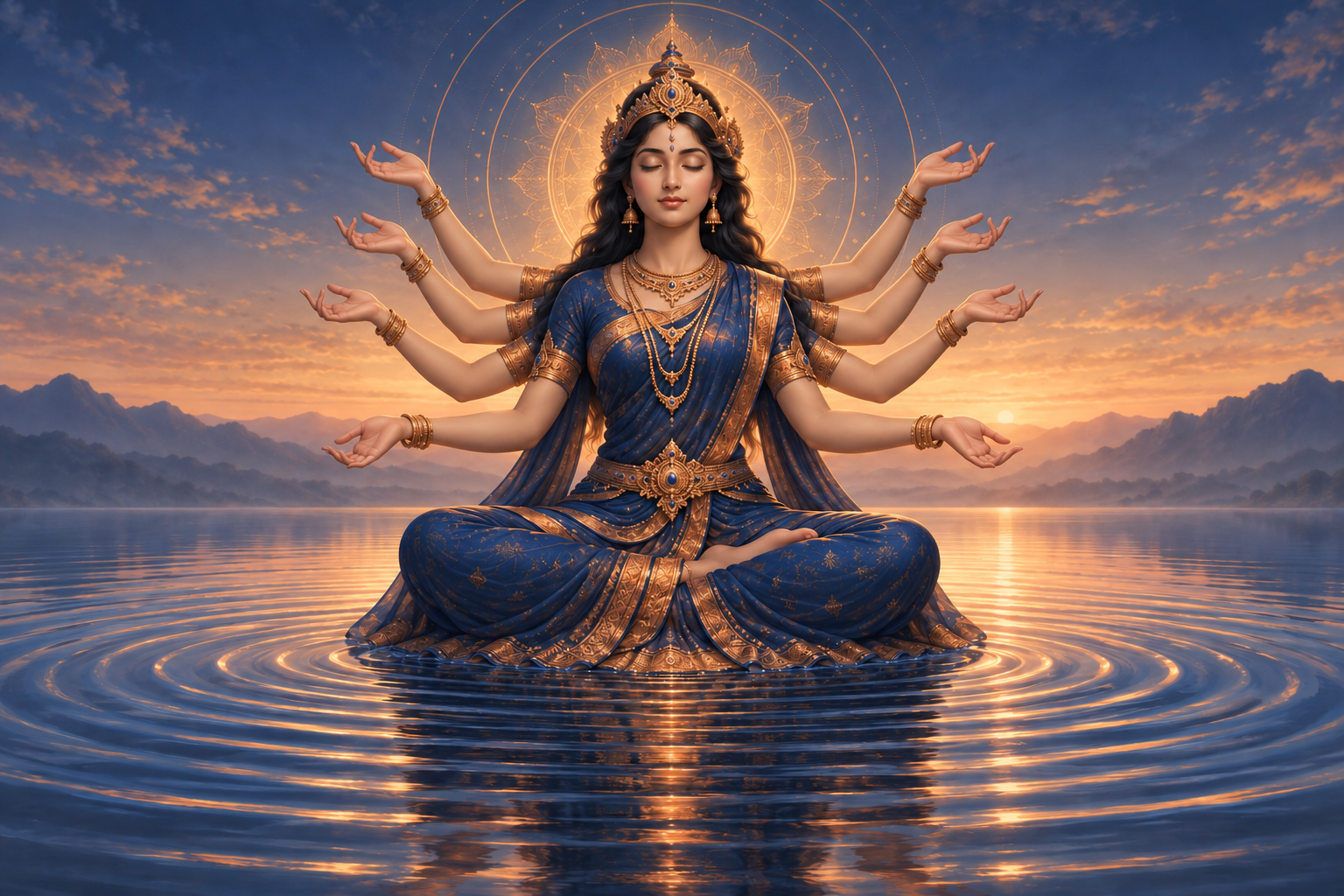 Symmetrical illustration of an eight-armed goddess seated above concentric ripples of water in soft dawn light.