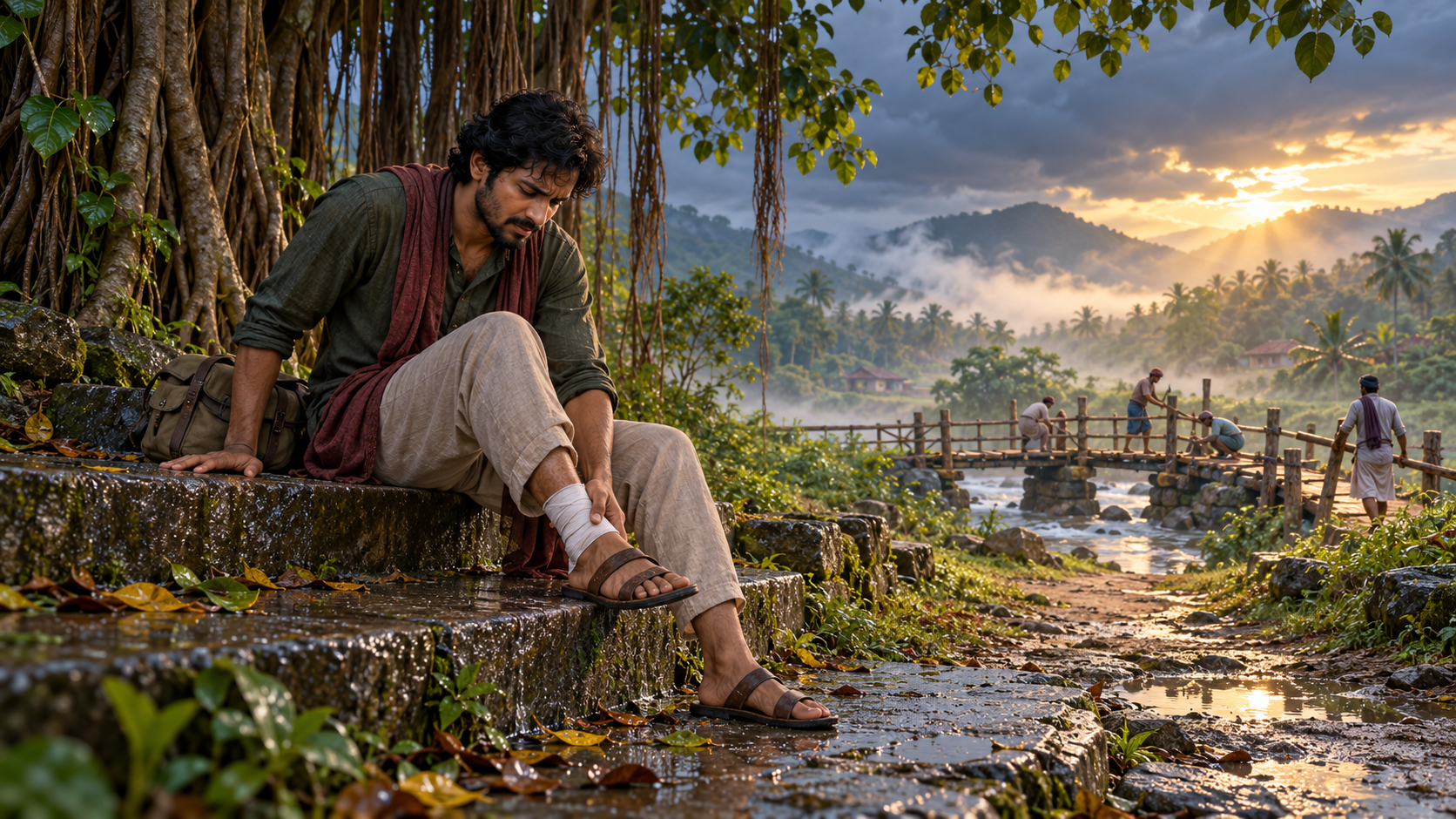 A South Asian adult with a bandaged ankle prepares to rise beneath a banyan tree as morning light falls on a path toward people repairing a footbridge.