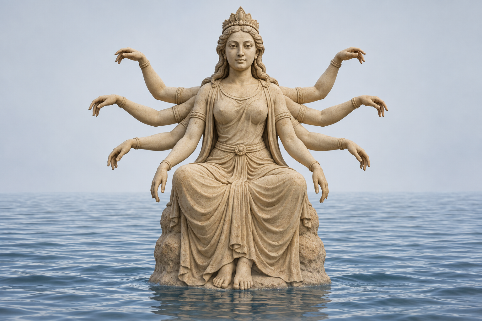 Frontal study of a seated feminine deity with eight visible arms above a stylized rippling water surface.