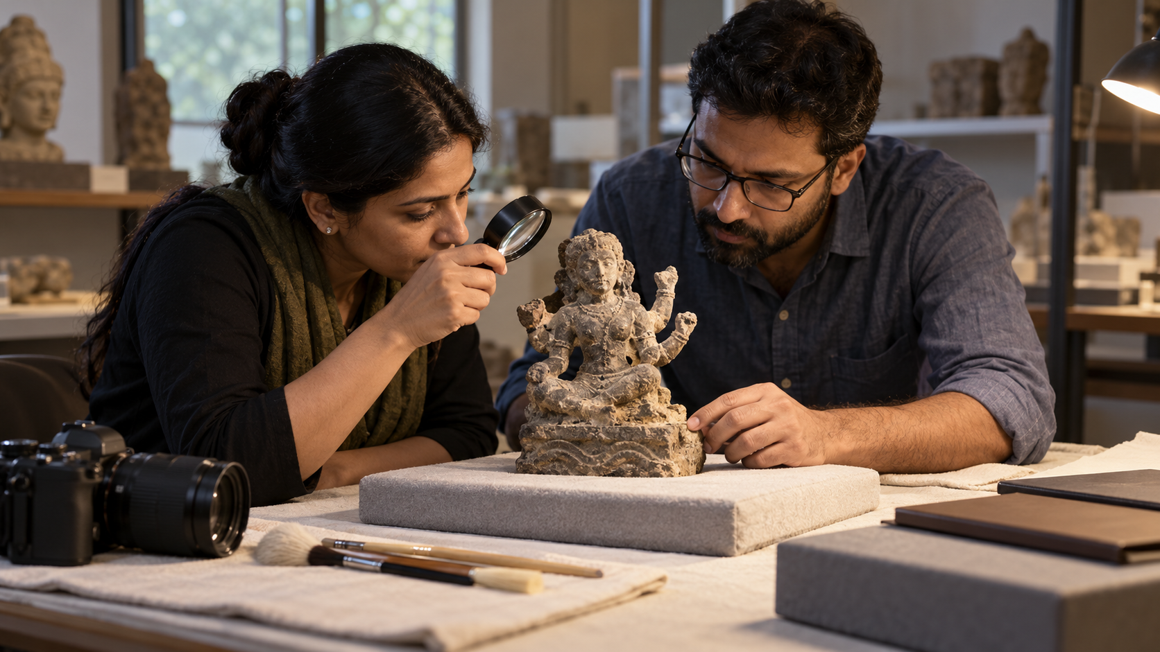 Two museum researchers examine a weathered multi-armed goddess sculpture under angled conservation lighting.