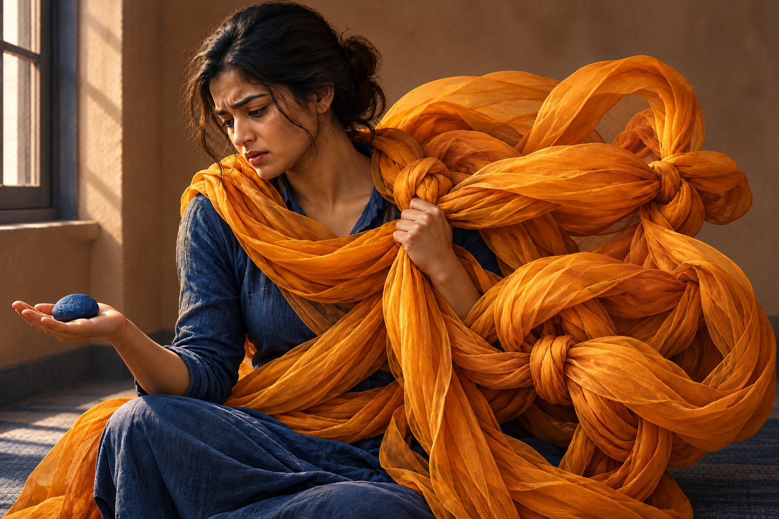 A seated person holds a small dark stone in one open palm while their clenched hand pulls a translucent cloth into large knots around them.