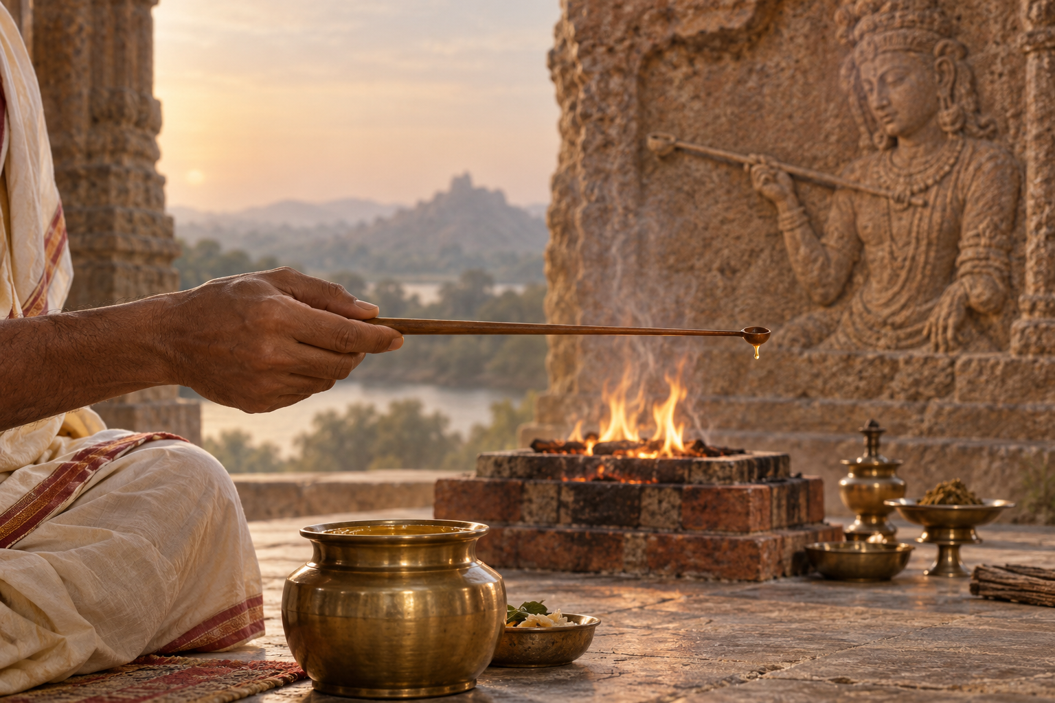 A priest's hand holds a slender wooden sruva above a ghee vessel, with a yajna fire and a stone figure holding a similar ladle in the background.