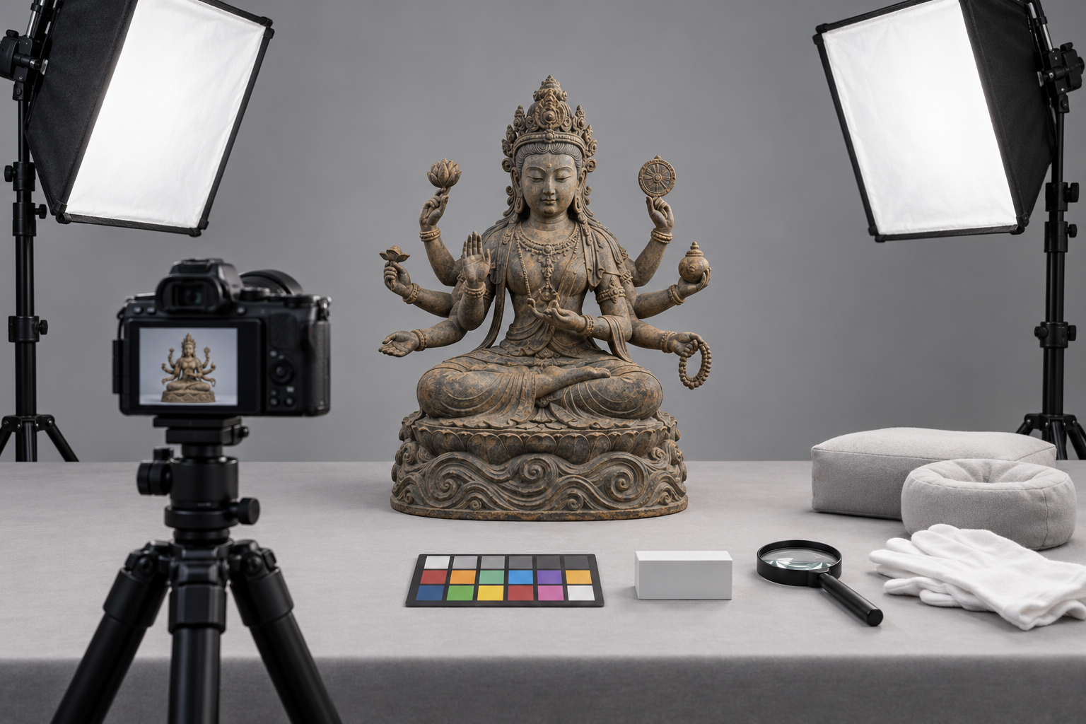 Museum documentation setup with a camera, diffused lights, conservation tools, and an eight-armed seated goddess sculpture.