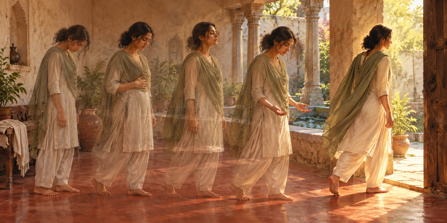 A sequence of one person on a veranda shows them grounding their feet, noticing their breath, relaxing their hands, and taking a deliberate step toward a doorway.