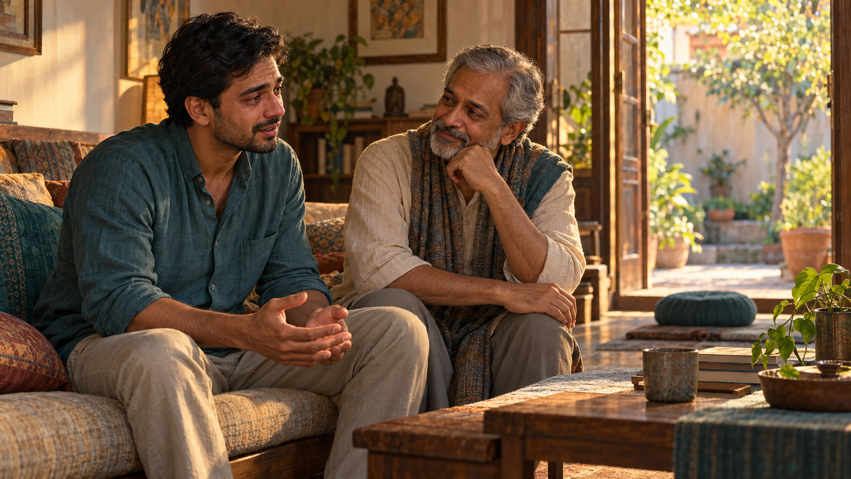 A man relaxes his clenched hands and speaks emotionally with an attentive older friend in a quiet room beside an open courtyard door.