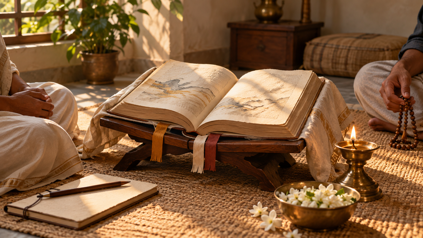 An open sacred book on a low wooden stand is arranged with prayer beads, bookmarks, a lamp, and white flowers for devotional reading.