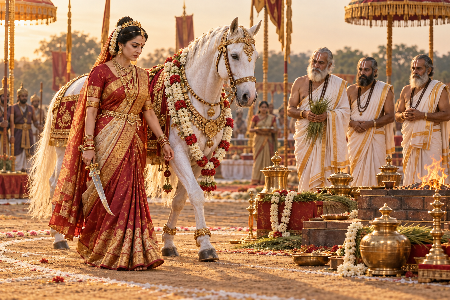 Kausalya performs a solemn ritual circumambulation beside the adorned Ashvamedha horse while Vedic priests observe at the sacrificial ground.