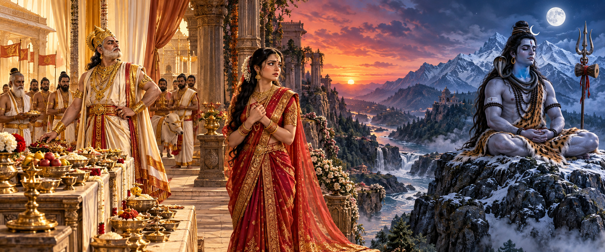 Daksha oversees ritual offerings, Sati pauses sorrowfully at a threshold, and Shiva meditates alone in the Himalayas within a three-part composition.