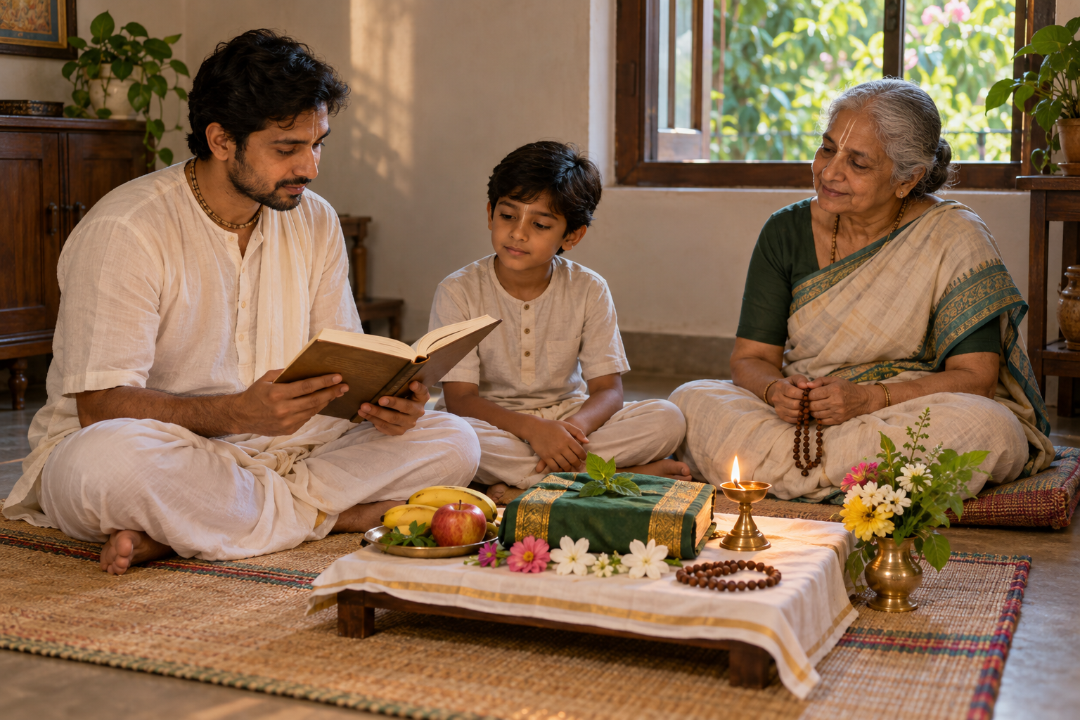 Three family members sit together around a simple devotional arrangement with a book, fruit, flowers, prayer beads, and an oil lamp.