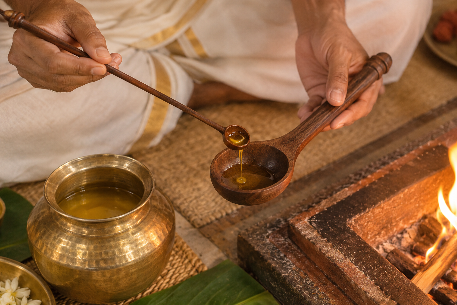 A small long-handled sruva transfers clarified butter from a metal vessel into a larger wooden offering ladle beside a ritual fire.