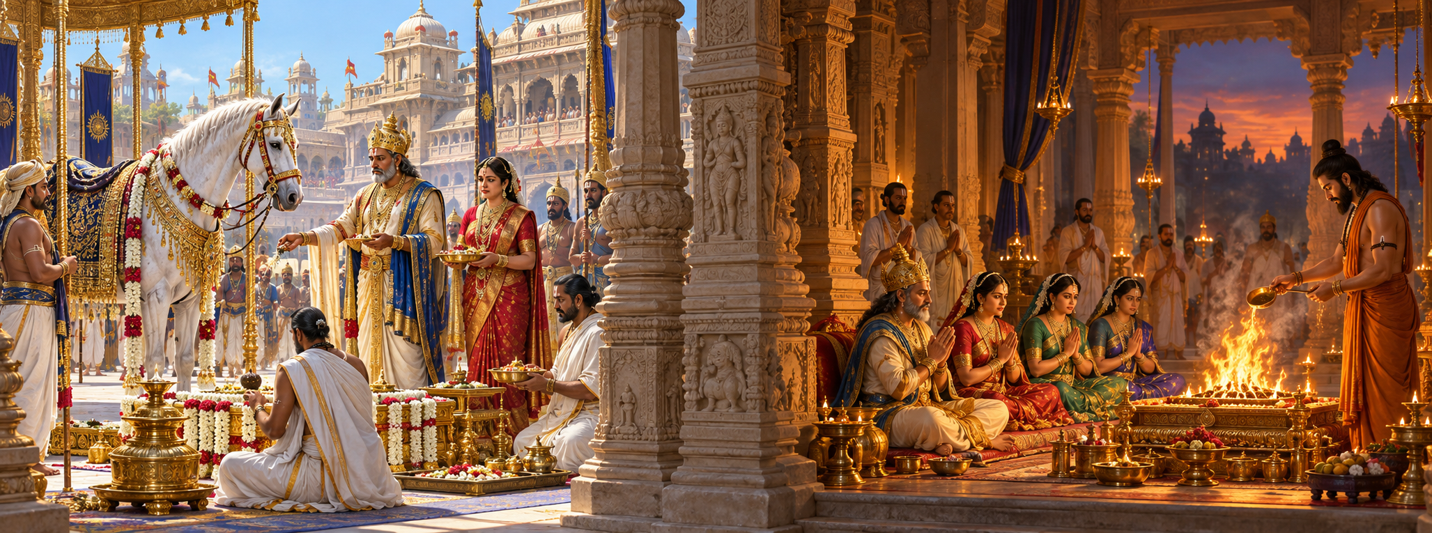 Two separated ritual scenes show the horse-centered Ashvamedha first and a later fire rite attended by Dasharatha and his queens.