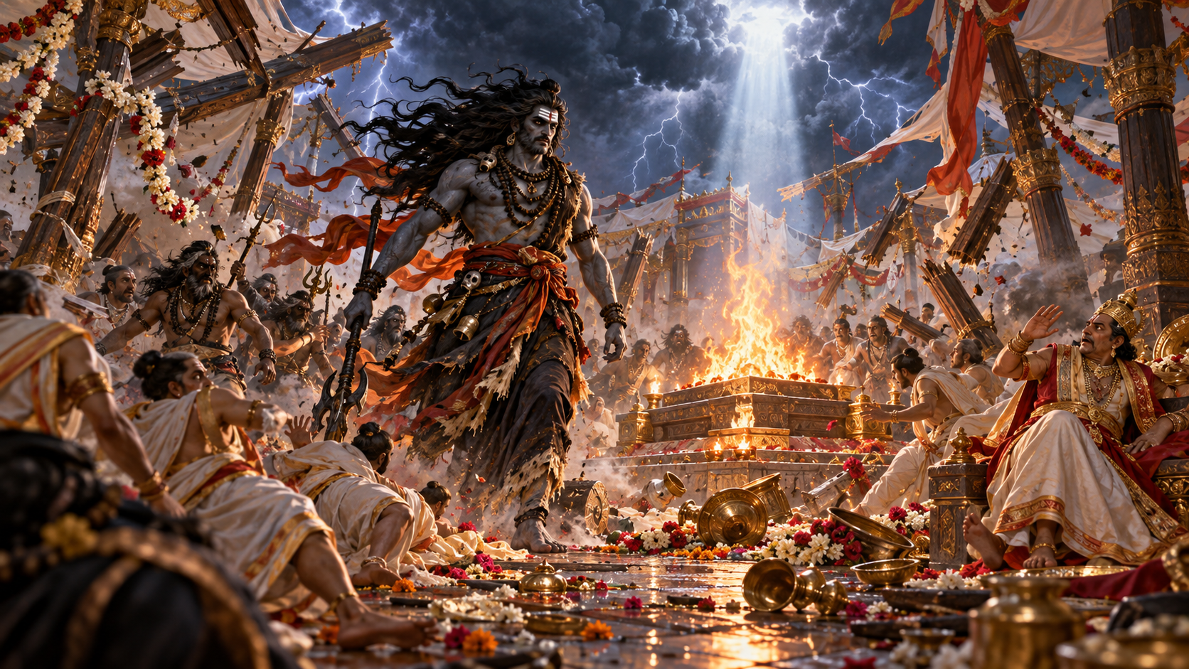 Virabhadra advances through Daksha's storm-struck sacrificial grounds as the pavilion breaks apart, vessels scatter, and priests retreat from the still-burning altar.