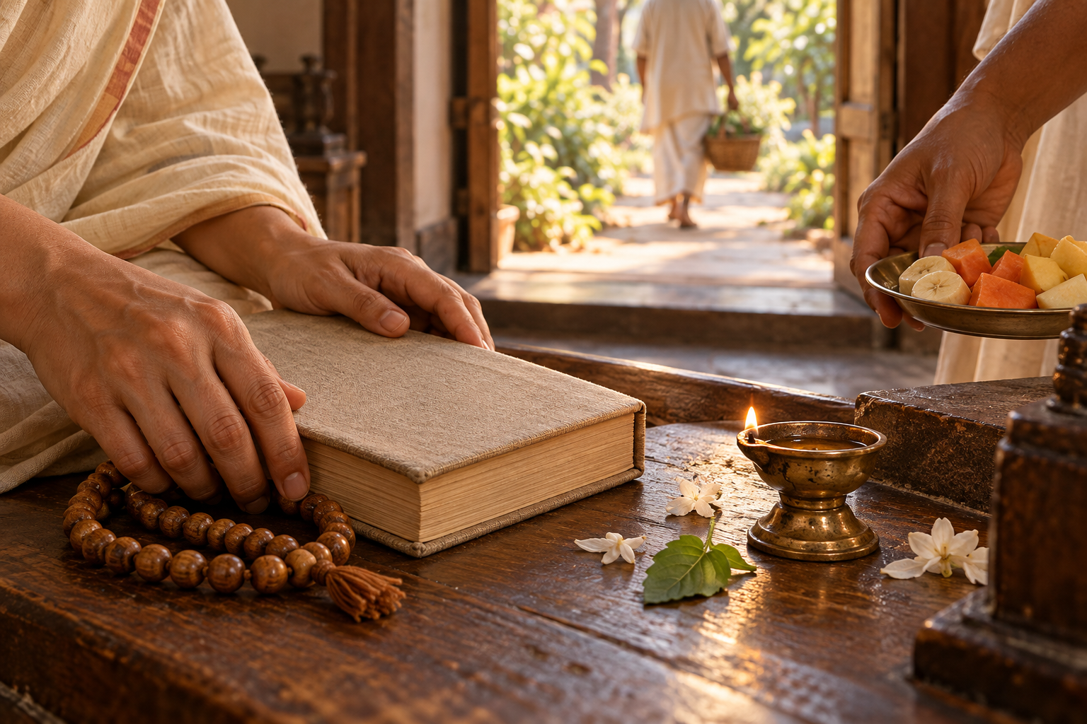 Hands close a cloth-bound book and carry away a plate of fruit beside prayer beads, flower petals, a tulasi leaf, and a fading oil lamp.