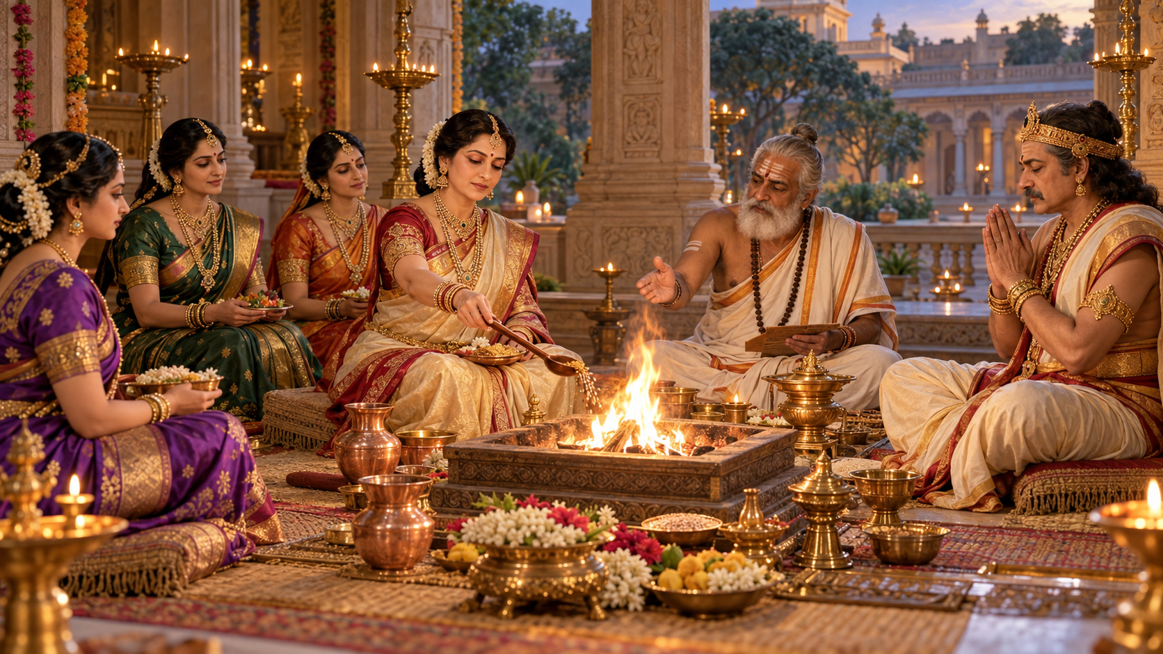 Kausalya makes an offering beside Dasharatha and the other queens as a Vedic priest guides the royal household around a sacred fire.