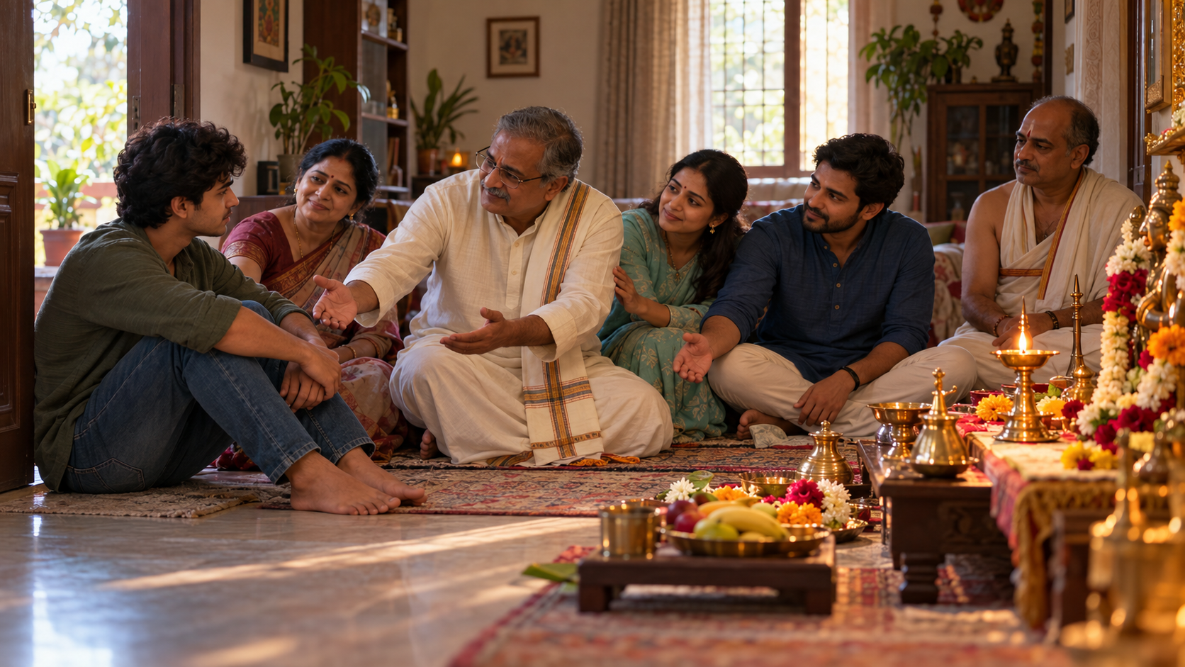 A family pauses a home puja as an older relative approaches a hurt person seated near the doorway and others open the ceremonial circle to include them.