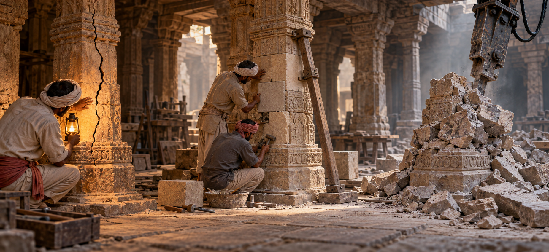 A stone workshop shows one carved pillar being examined, another being repaired, and a third lying broken beneath a mechanical hammer.