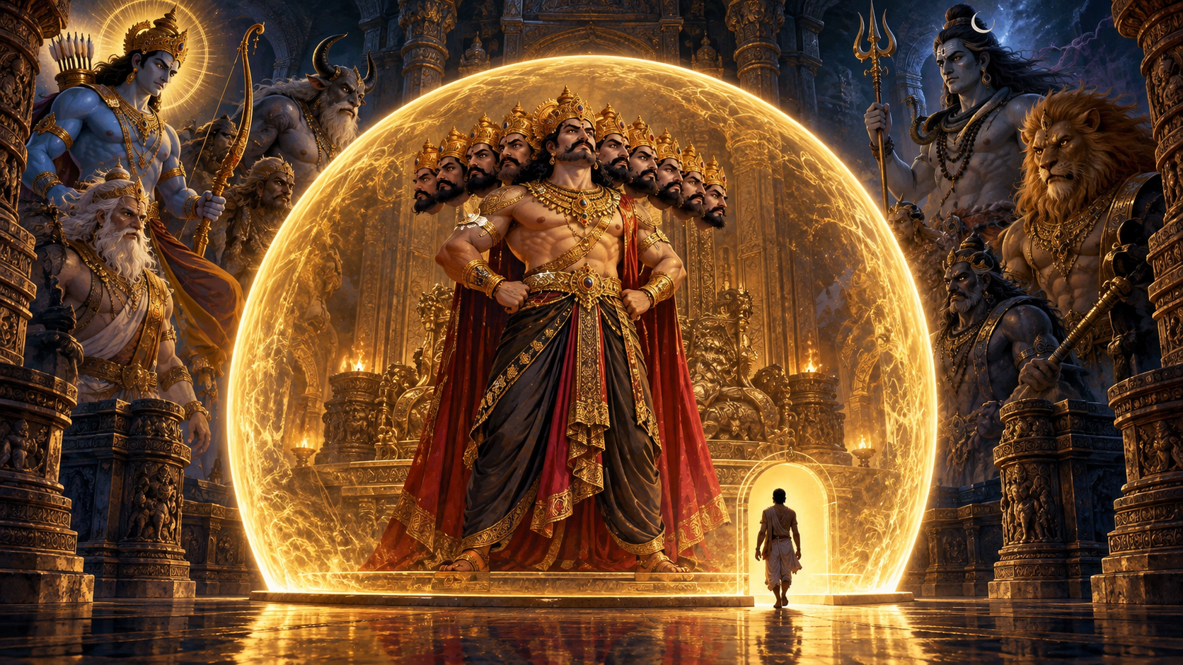 Ravana stands inside a glowing protective circle while celestial figures remain outside and a small human figure approaches through an unguarded opening.