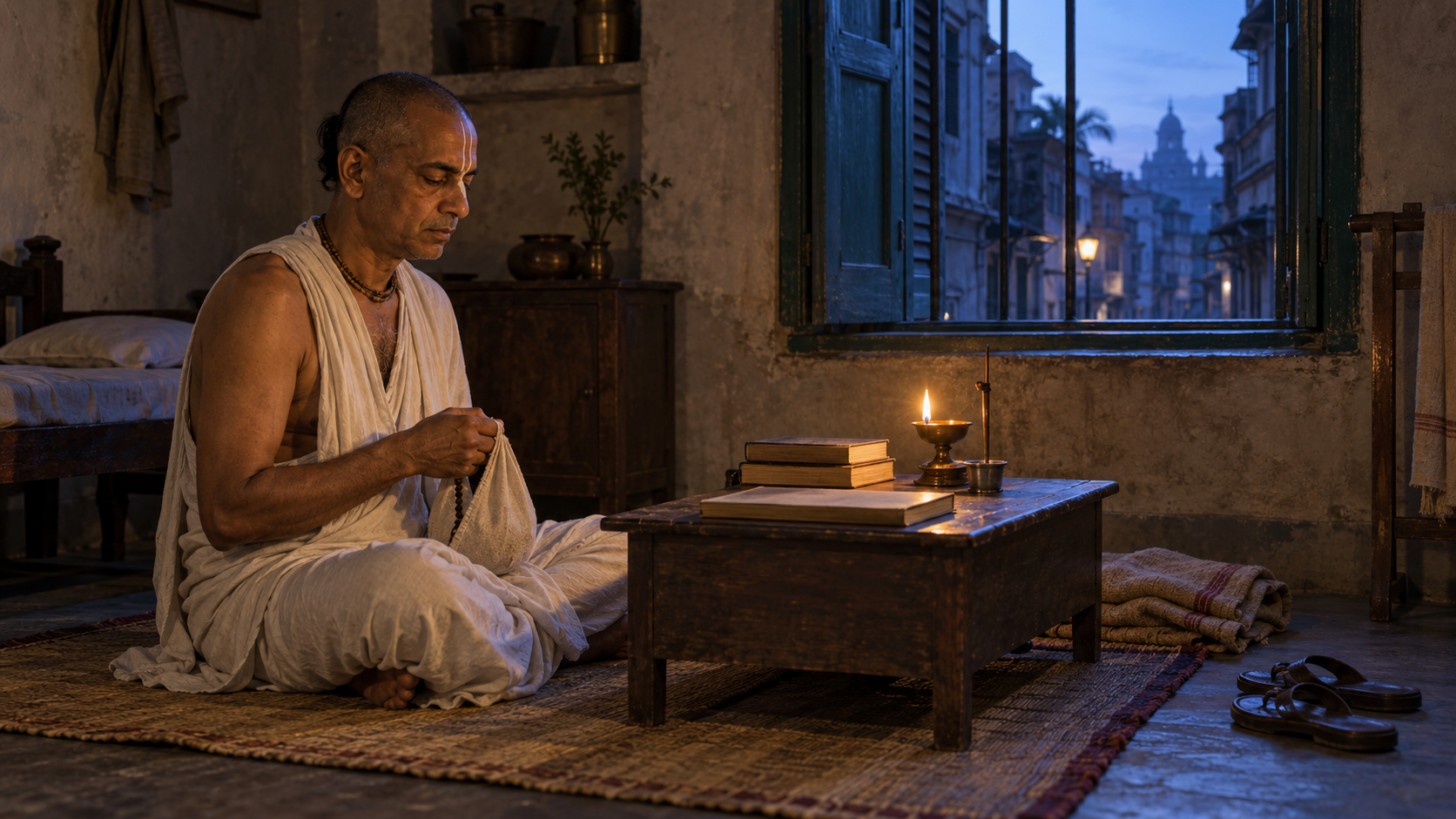 A Vaishnava practitioner chants with prayer beads before dawn beside a low desk, an oil lamp and several unmarked books in a modest room.