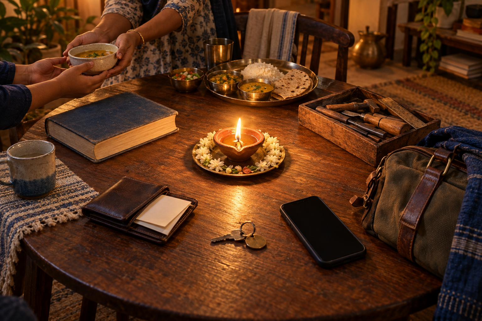 A glowing clay lamp sits at the center of a circular arrangement of a meal, helping hands, a book, tools, keys, a wallet, a travel bag, and a dark smartphone.