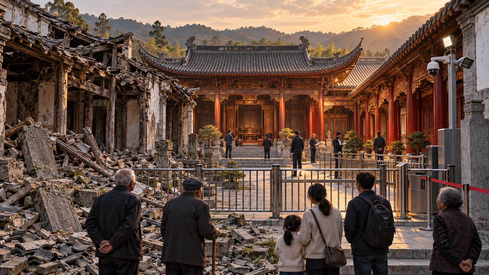 A Chinese ancestral hall has a damaged older wing and a restored wing enclosed by railings, cameras, lights, and a controlled gate.