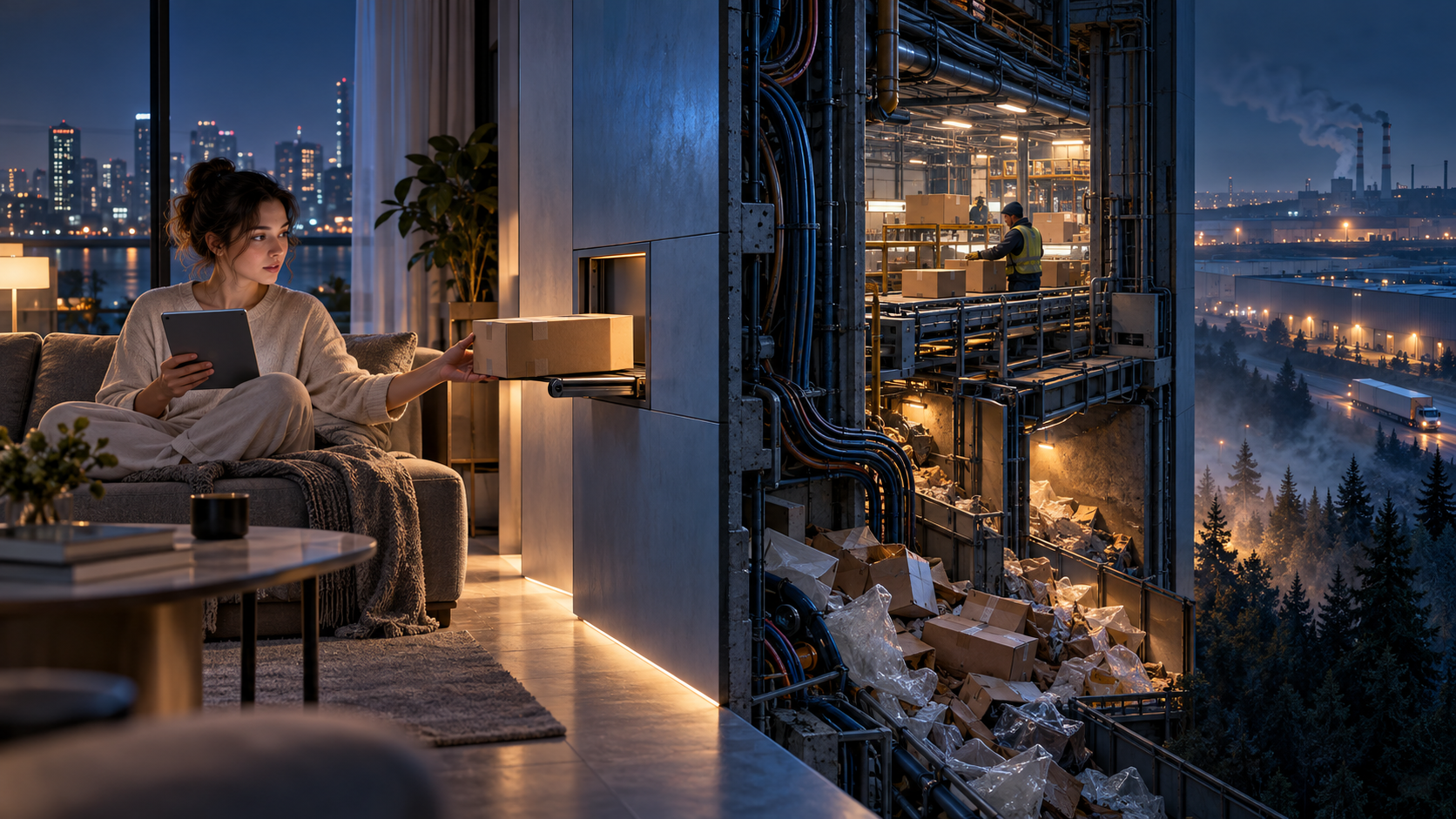 A person receives a parcel in a clean apartment while a cutaway behind the wall reveals cables, discarded packaging, a warehouse worker, and industrial haze.