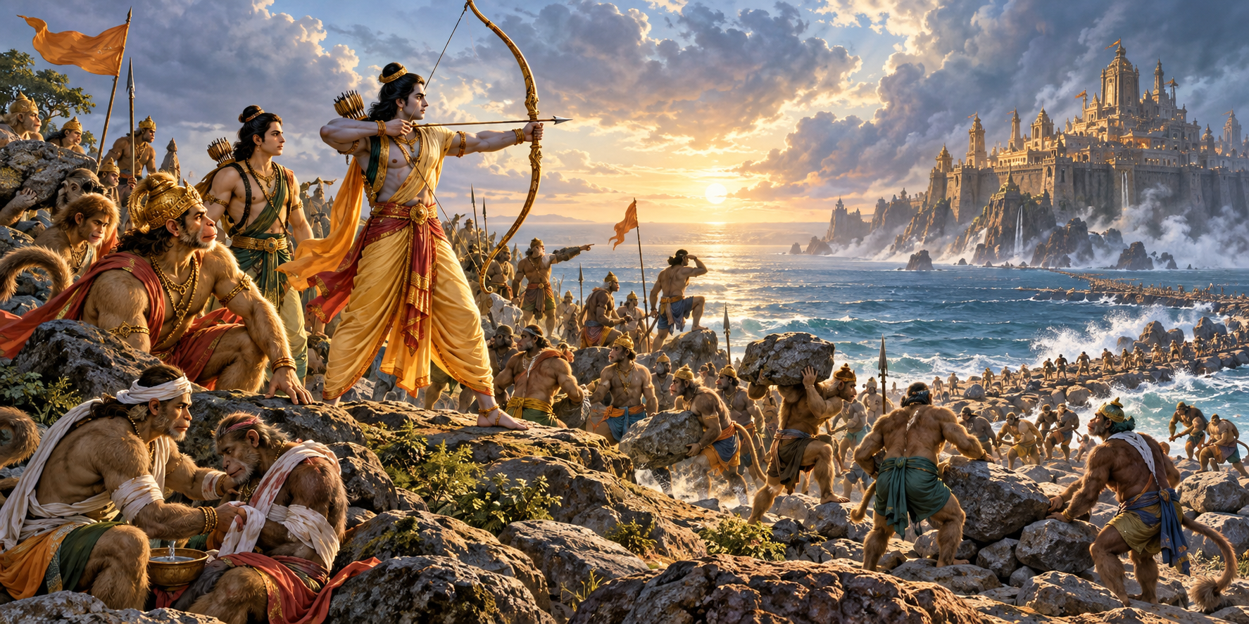 Rama stands with a bow beside Lakshmana, Hanuman, and the vanara alliance as they work together before the distant city of Lanka.