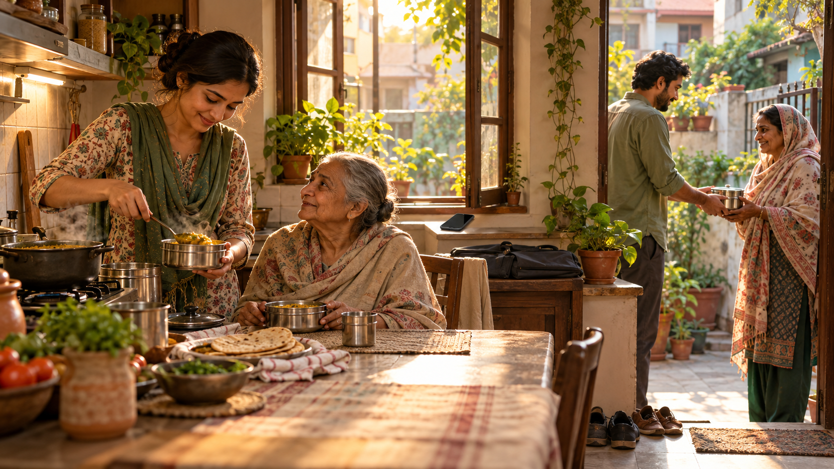 In a sunlit home, a person prepares food for an older relative, pauses quietly by a window, and gives a covered meal to a neighbor.