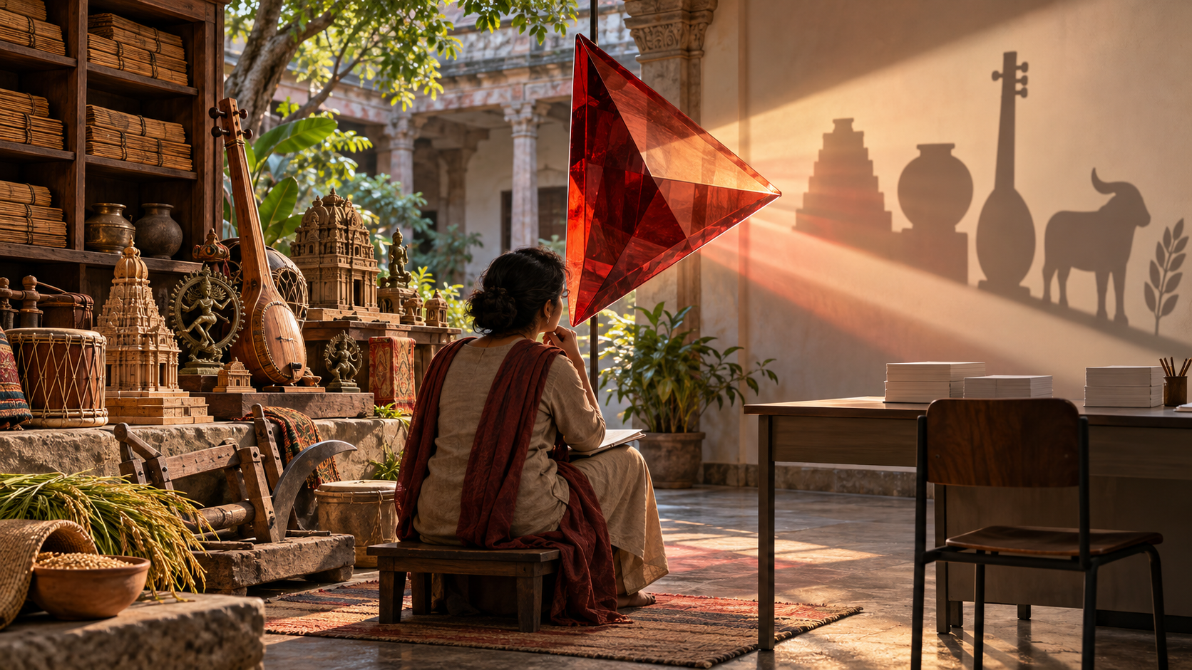 An Indian researcher studies cultural objects whose varied forms cast simplified shadows after light passes through a red glass prism.