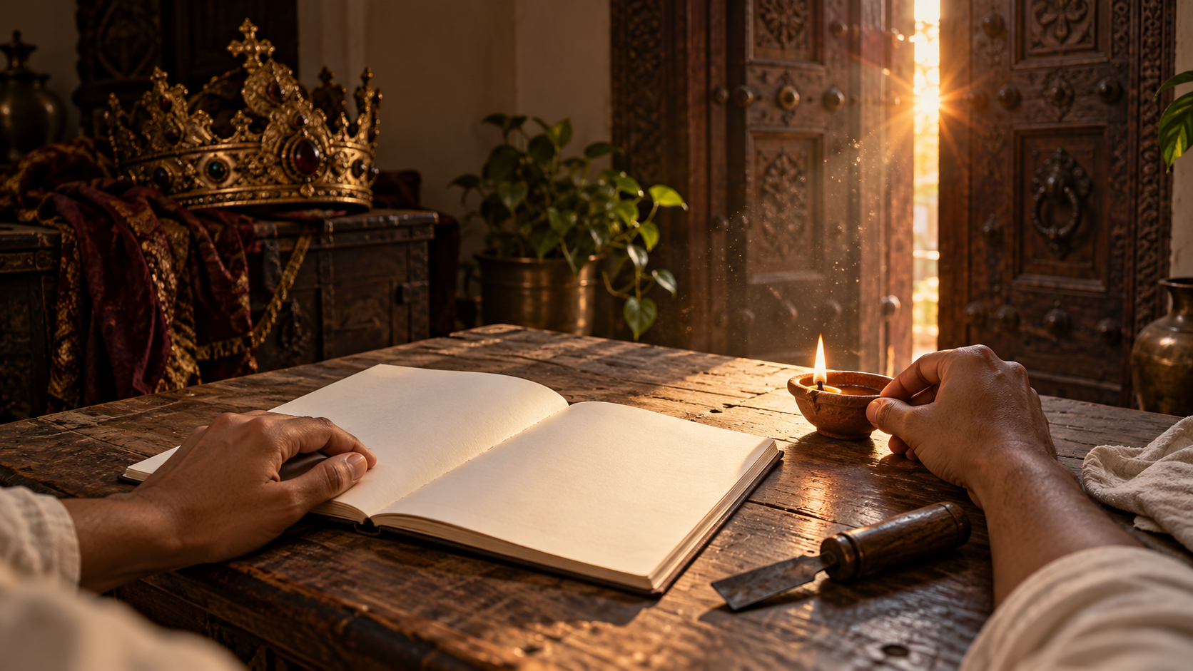 A shadowed golden crown rests beside a clay lamp, a plain tool, an unmarked notebook, and attentive hands illuminated by sunrise.