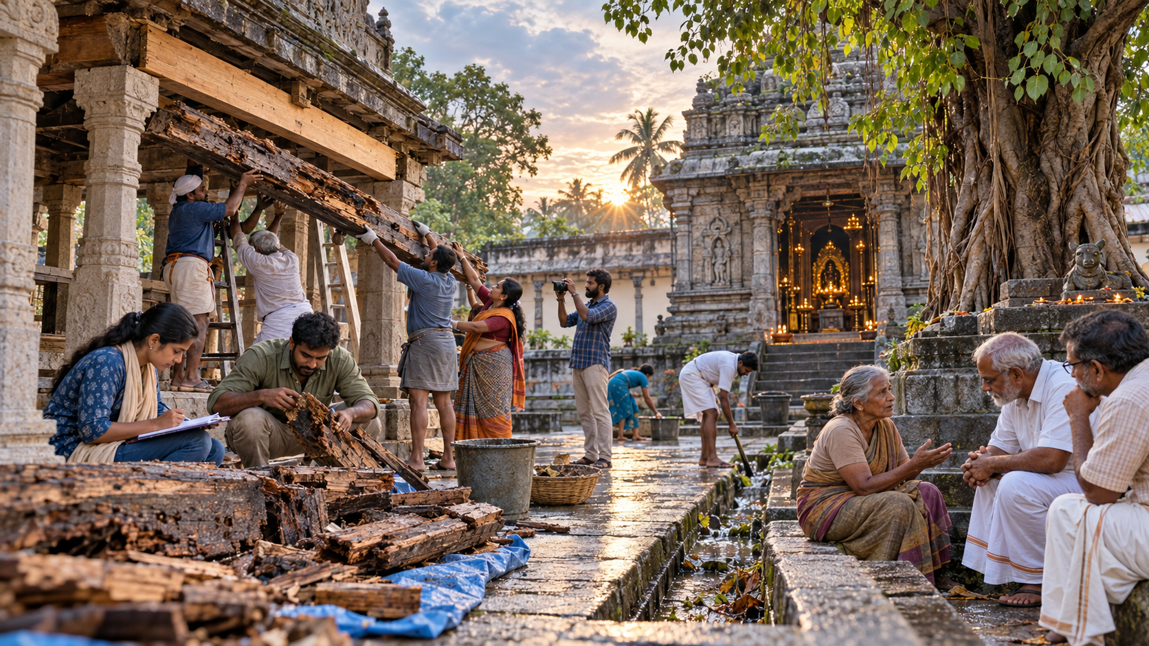 A multigenerational Indian community repairs a damaged shrine courtyard while two elders listen to a community member beside sorted broken materials.