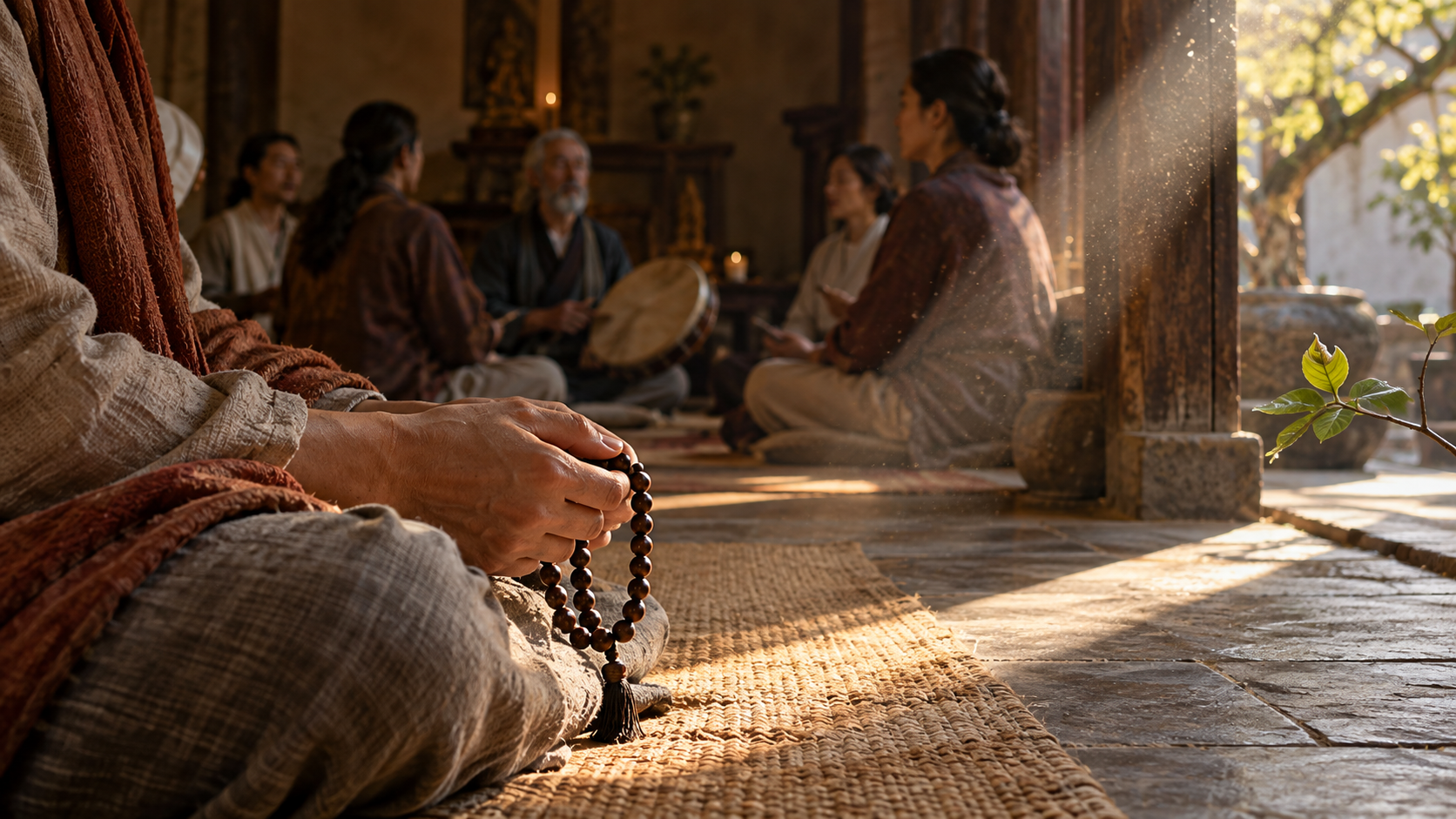 A seated practitioner holds prayer beads and listens to a chanting circle as morning light falls across the person's hands.