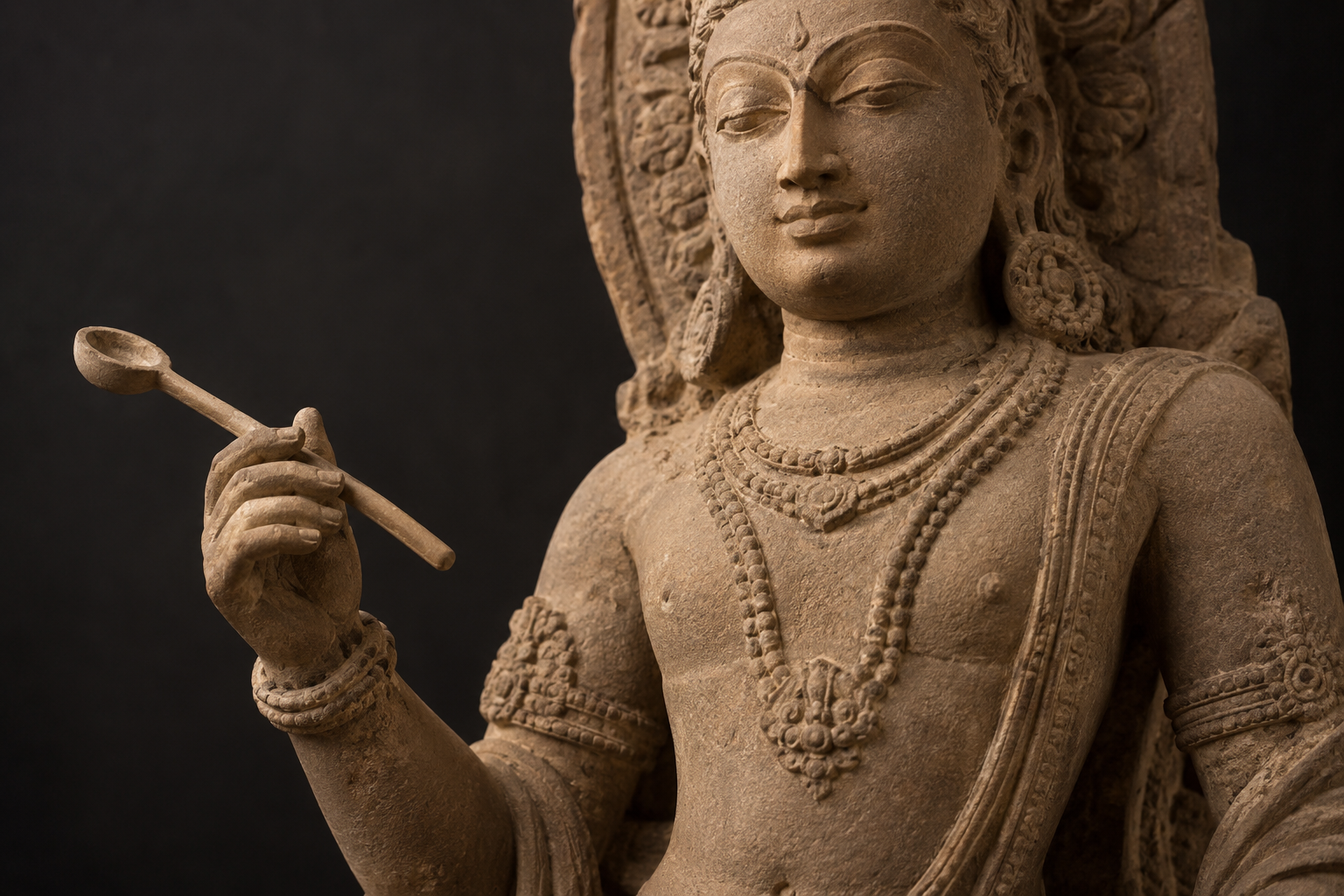 Close view of a sandstone sacred figure holding a thin ritual ladle with a small shallow bowl at its end.