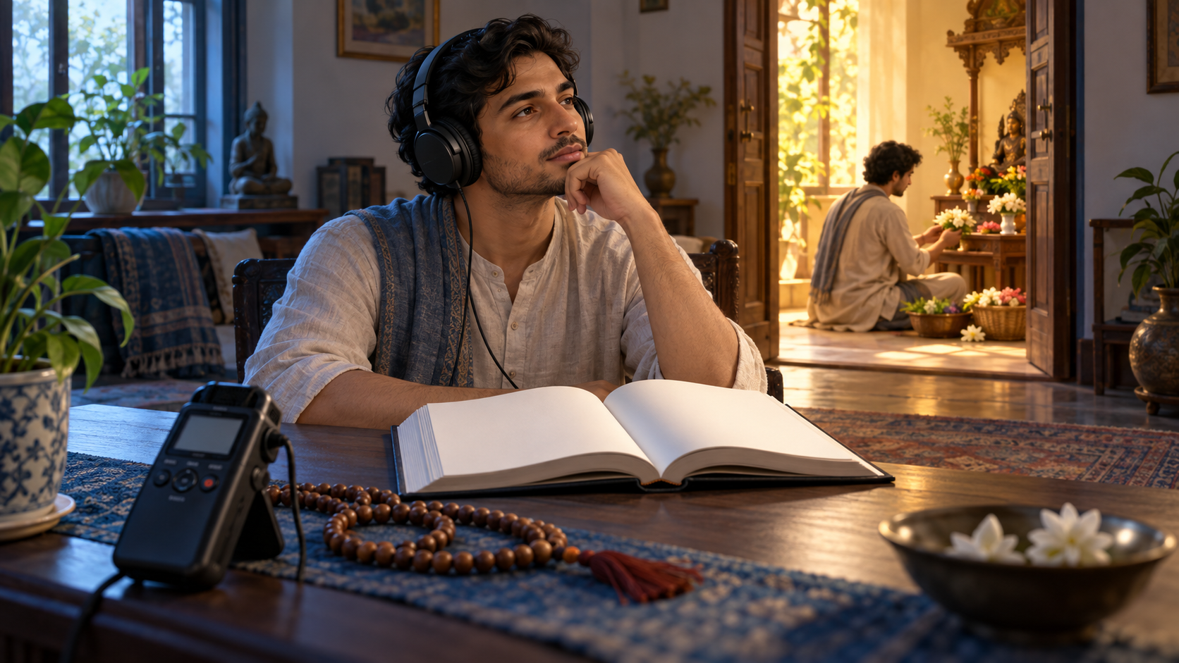 A devotee listens with headphones between an audio recorder and prayer beads, while an open doorway reveals flower offerings being prepared in the background.