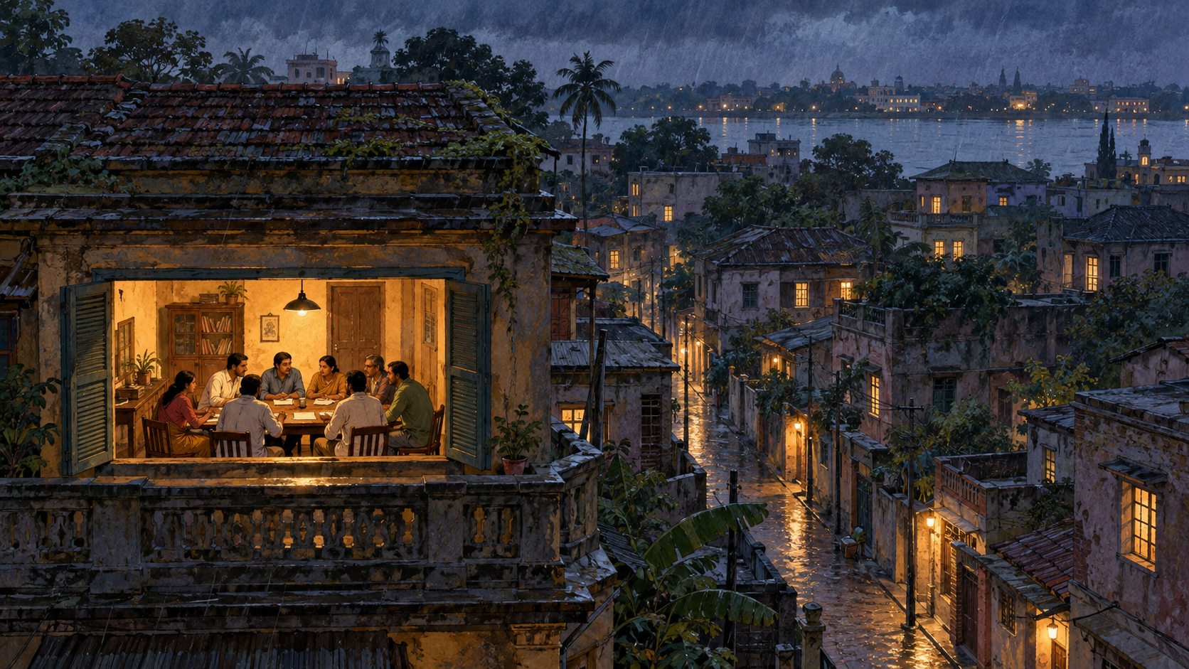 A small meeting occupies one illuminated room while the surrounding Bengal neighborhood remains outside it.