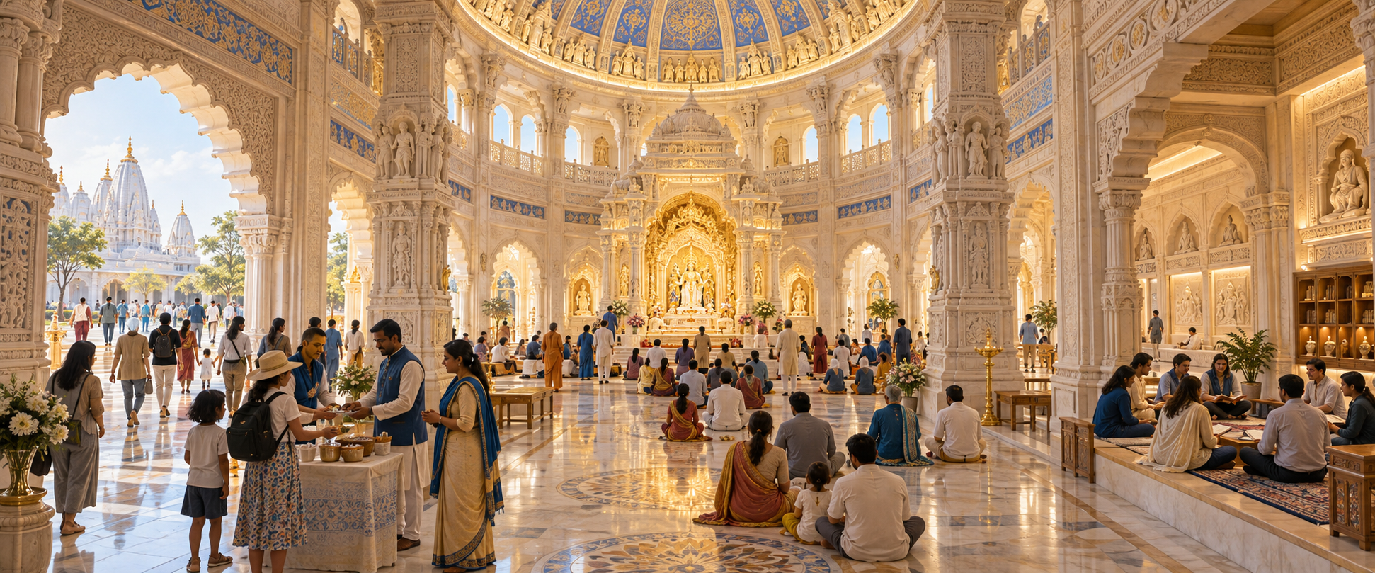 Conceptual temple interior with worshippers, visiting families, volunteers, and a small study circle gathered beneath a high decorated dome.