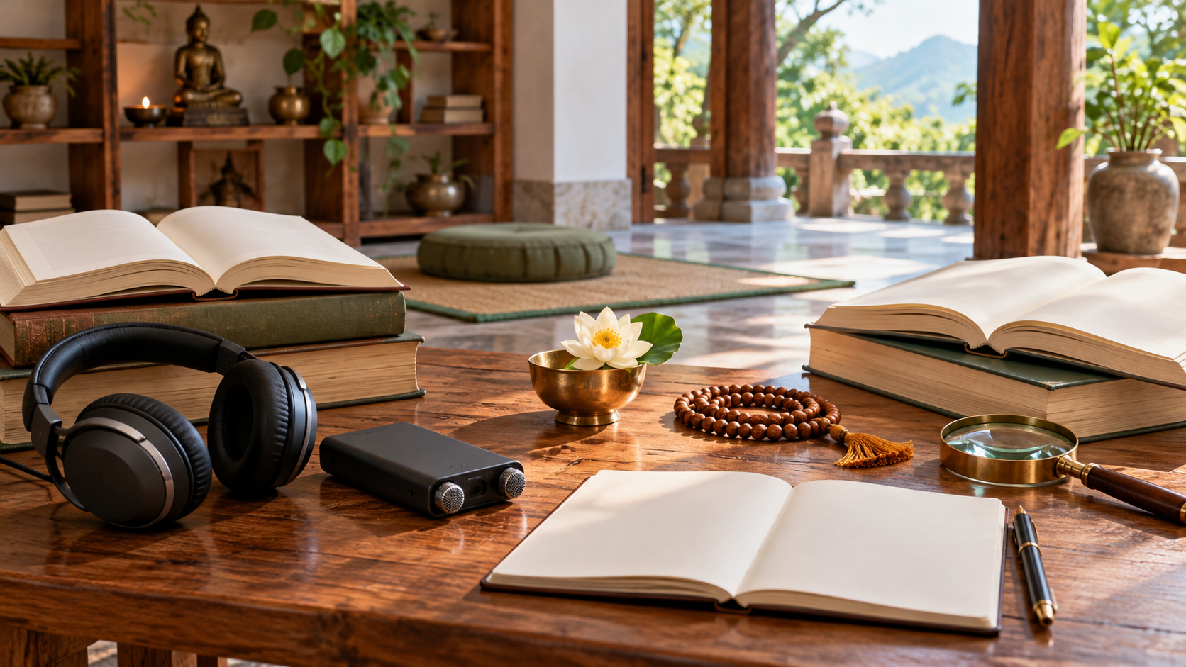 Headphones, an audio recorder, reference books, a blank notebook, prayer beads, a magnifying glass, and a flower share a sunlit wooden desk.
