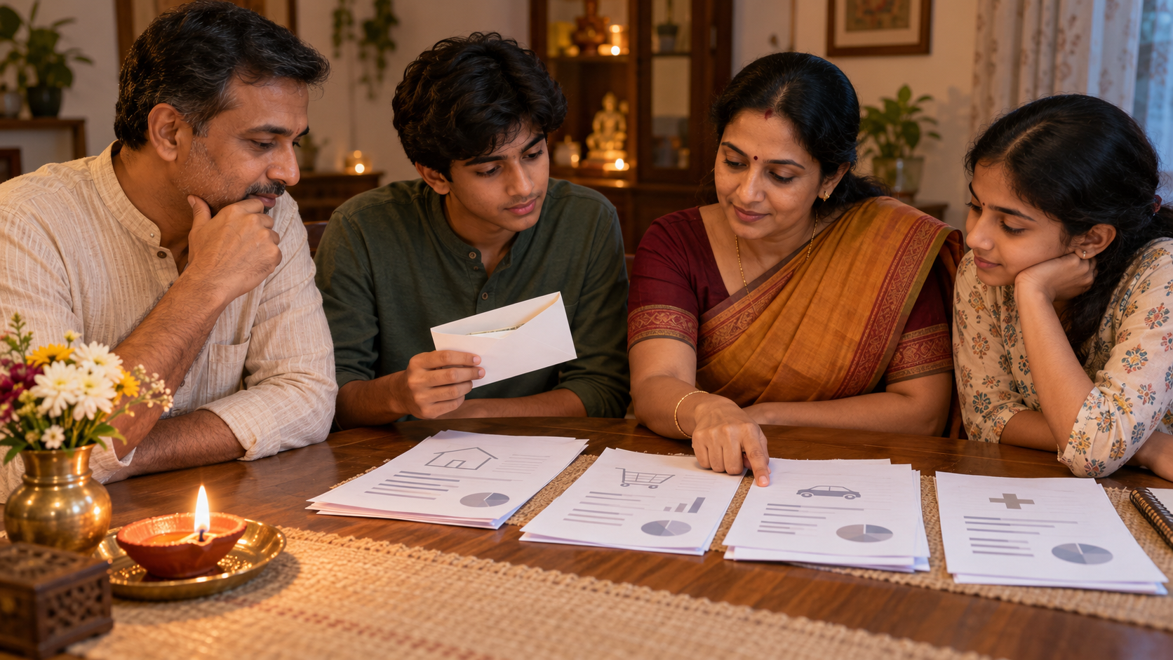 A family reviews household finances beside a donation envelope and a glowing clay lamp before deciding what they can responsibly give.