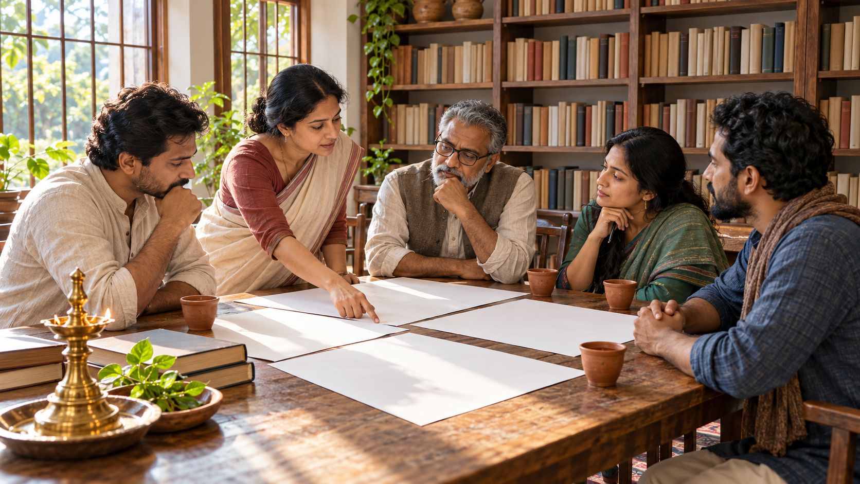 Community representatives examine blank planning sheets and discuss an unresolved point at a library table.