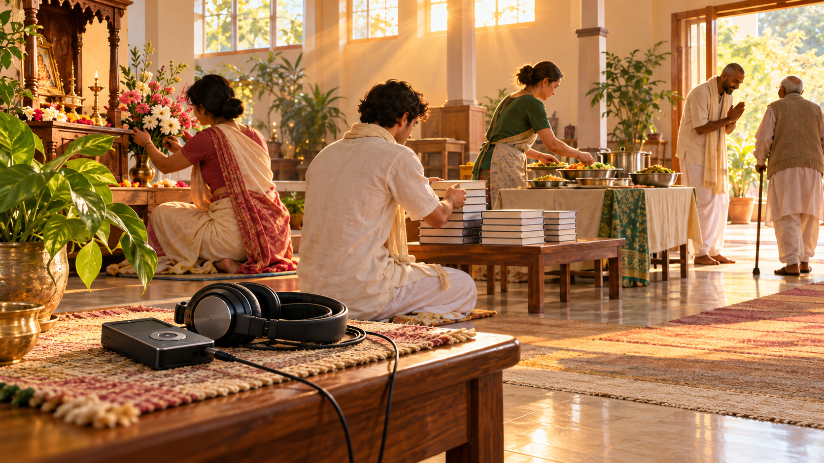 Devotees arrange flowers, stack unmarked books, prepare vegetarian food, and welcome a visitor in a sunlit community hall, with headphones resting on a side table.
