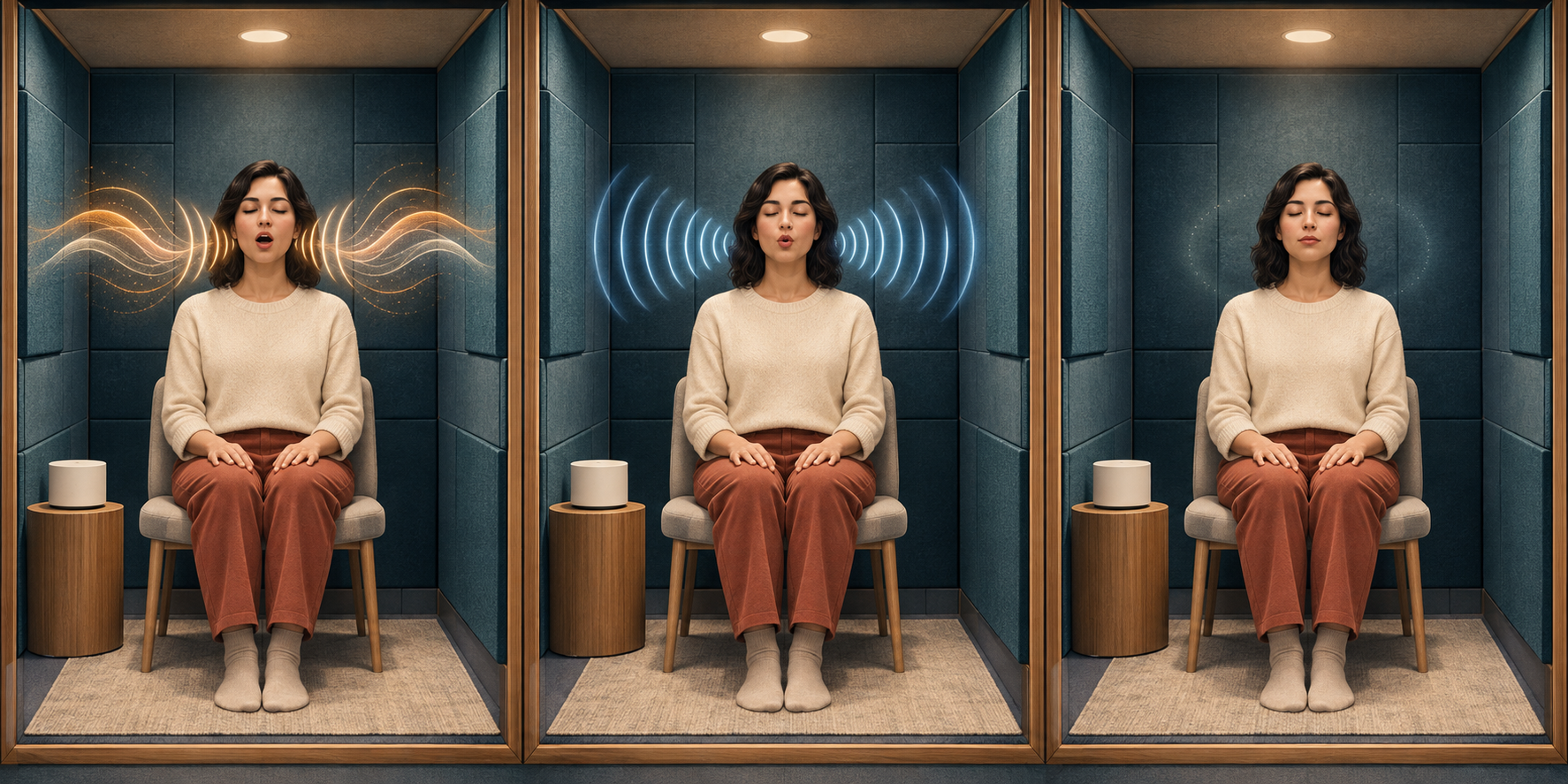 The same participant appears in three matched research booths while chanting a mantra, repeating neutral sounds, and contemplating silently.